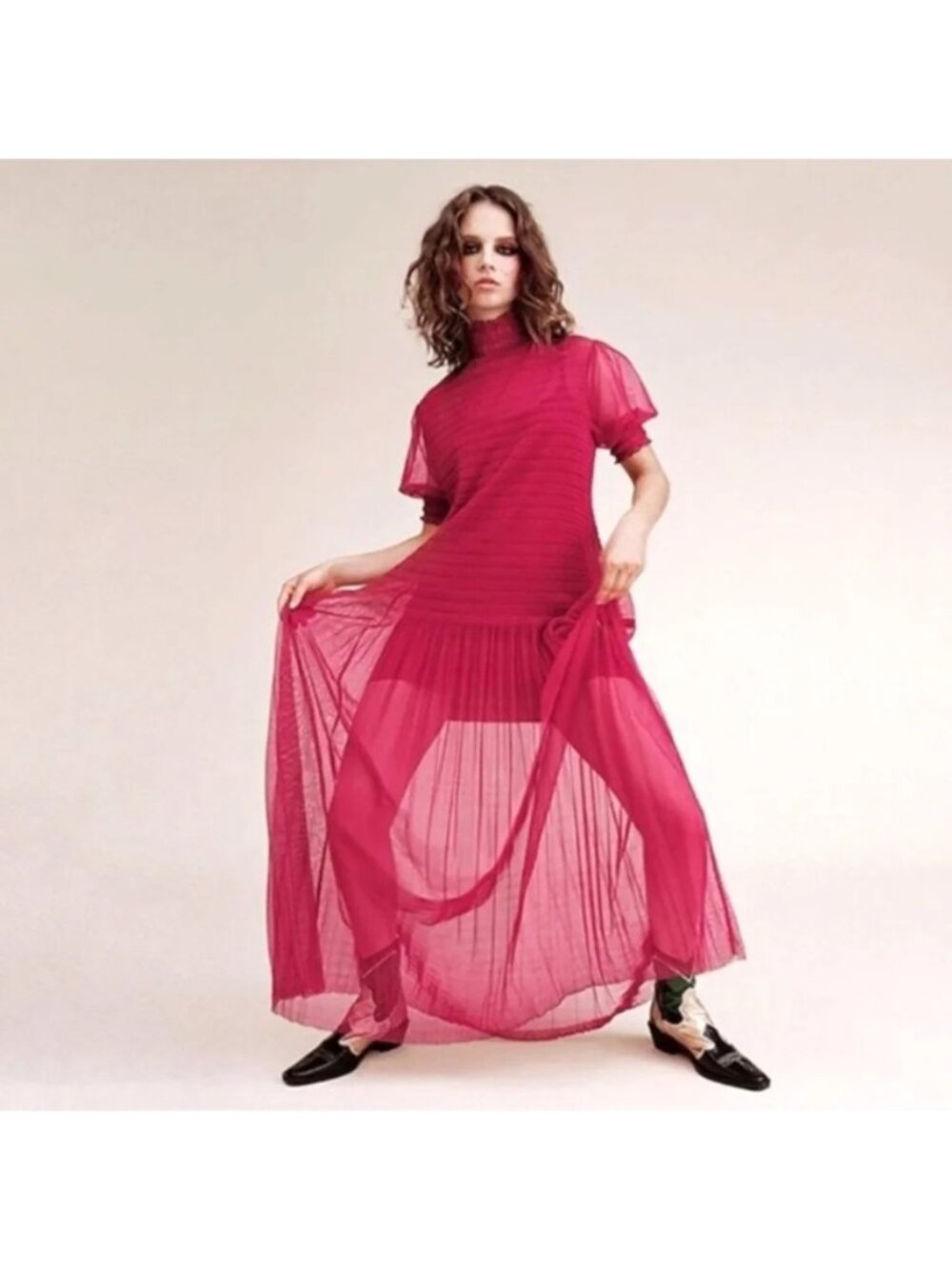 NEW Blogger Fav  Zara Semi Sheer Short Slv Dress Lining Midi deep red Lined M